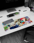 32x12 inches anime mouse pad featuring snow-haired swordswoman crouched low, red-haired horned ally behind.