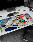 40x20 inches anime desk pad showing snow-haired fighter crouched with blade, horned redhead behind her.