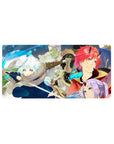32x16 inches anime mouse pad with winter party battle art, layered panels, fur-collared swordswoman.