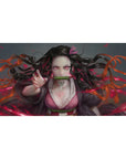 Anime desk pad 40x20 inches featuring Nezuko from Demon Slayer with pink eyes and dynamic hair against a red backdrop.