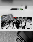 Persona 5 anime mouse pad featuring Joker and Mona in a monochrome city with bold red, size 32x12 inches.