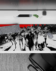 Anime mouse pad 36x16 inches featuring Persona 5's Joker and Mona in a monochrome city with bold black, white, and red.