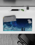 28x12 inches anime mouse pad in cool blues with misty clouds, calm dreamy night-sky glow.