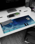 Two anime students on a school rooftop railing desk pad 36x16 inches, girl pointing at the stars.