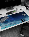 Anime desk pad 40x20 inches, school uniform couple at rooftop railing, girl pointing at the stars.