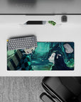 Mouse pad 28x12 inches featuring Tanjiro and Nezuko from Demon Slayer in a serene, glowing scene with fireflies.
