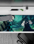 Tanjiro and Nezuko anime desk pad 36x16 inches, featuring a serene scene with blues, greens, and flickering fireflies.