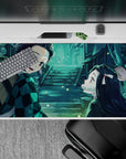 Anime desk pad 40x20 inches featuring Tanjiro and Nezuko in a serene scene with blues, greens, and fireflies.