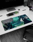 Anime mouse pad 32x16 inches featuring Tanjiro and Nezuko in a serene scene with blues, greens, and flickering fireflies.