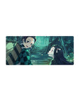 Anime mouse pad featuring Tanjiro and Nezuko from Demon Slayer, size 28x12 inches, with soothing blues and greens.