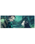Anime mouse pad 32x12 inches featuring Tanjiro and Nezuko in a serene moment with blues, greens, and fireflies.