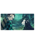 Anime mouse pad 32x16 inches featuring Tanjiro and Nezuko from Demon Slayer, with a soft glow and watercolor hues.