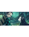 Tanjiro and Nezuko anime desk pad, 36x16 inches, with watercolor blues and greens, flickering fireflies, sibling warmth.