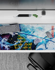 36x16 inches desk pad showcasing Giyu Tomioka in his calm yet powerful Water Hashira form, surrounded by vibrant waves from Demon Slayer.