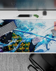 40x20 inches desk pad showcasing Giyu Tomioka, sword drawn and surrounded by dynamic waves, capturing his calm power from Demon Slayer.