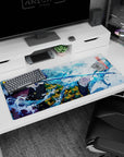 Artistic 36x16 inches desk pad with Giyu Tomioka, surrounded by calming waves, radiating strength and tranquility from Demon Slayer.