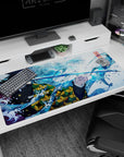 Large 40x20 inches desk pad with Giyu Tomioka, the Water Hashira, surrounded by vibrant waves, balancing tranquility and fierce energy in Demon Slayer.
