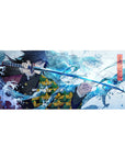 Demon Slayer desk pad featuring Giyu Tomioka, the Water Hashira, 36x16 inches, with his sword drawn and surrounded by powerful waves.