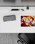 Crimson rage anime mouse pad 14x10 inches with white-hot eyes, jagged lightning, blue sleeve pop.
