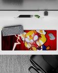 32x12 inches anime mouse pad in deep crimson chaos with jagged lightning, blue sleeve accents, fierce vibe.