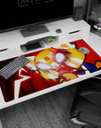 40x20 inches anime desk pad showing feral-cute red panda snapping into rage mode, bared teeth and glowing eyes.