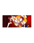 28x12 inches anime mouse pad with feral-cute red panda hero, speed lines, lightning, blue sleeve and tail.