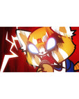 40x20 inches anime desk pad with raging red panda hero, speed lines, lightning backdrop, blue sleeve and tail.