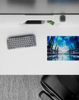 Anime mouse pad 14x10 inches in deep ocean blue and icy cyan glow, calm cinematic night mood.