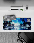 28x12 inches anime mouse pad in deep ocean blues and icy cyan glow, calm cinematic night horizon.