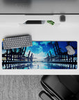 32x12 inches anime mouse pad in deep ocean blues and icy cyan glow, calm cinematic night mood.