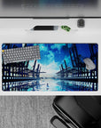 32x16 inches anime desk mat in deep ocean blue and icy cyan glow, calm cinematic night horizon.