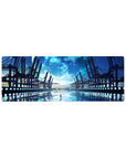 32x12 inches anime mouse pad with girl on reflective water, steel docks, and a giant moon horizon.