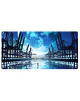 32x16 inches anime mouse pad with lone girl on glassy water, steel docks, and a giant moon.