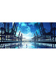 Anime desk pad 36x16 inches with lone girl on reflective water, steel docks, and oversized moon.