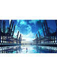 40x20 inches anime desk pad with girl on glassy water, steel docks, moonlit horizon reflections.
