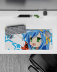 28x12 inches kawaii mouse pad in sky blue, white, and electric blue stars with playful cute chaos vibe.