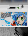 32x16 inches kawaii blue-and-white star desk mat, sky blue hair, bright green eyes, playful vibe.