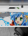 Cute playful desk mat 36x16 inches in sky blue, white and electric blue stars with bright green accents.