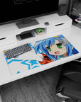 32x16 inches Konata Izumi Lucky Star mouse pad, cheeky victory pose, blushy grin on starry design.