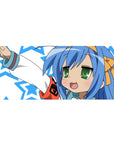 Anime girl desk pad 36x16 inches with victory pose, star-pattern background, smooth mouse glide surface.