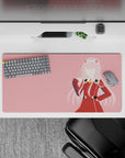 32x16 inches mouse pad with Zero Two design, blending soft pink tones and bold uniform lines for a clean, striking modern aesthetic.