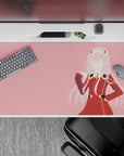 40x20 inches mouse pad with faceless Zero Two design, blending soft pink tones and bold uniform lines for a clean, modern anime vibe.