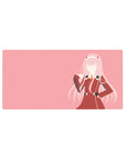 Mouse pad featuring Zero Two design, 32x16 inches, with soft pink tones and bold uniform lines for a minimalist yet bold anime-inspired look.