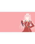 Mouse pad featuring Zero Two design, 40x20 inches, with soft pink tones and bold uniform lines for a minimalist, striking anime aesthetic.