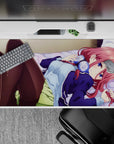 40x20 inches anime desk pad in warm pink hair and lavender tones, late-night playlist cozy mood.