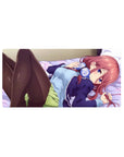 32x16 inches anime girl mouse pad with red-haired girl, violet eyes, headphones, lavender bed scene.