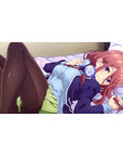 40x20 inches anime girl desk pad with red-haired girl, violet eyes, headphones, lavender bed scene.