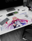 Bold 40x20 anime desk mat with Zero Two’s pink hair, emerald eyes, and dynamic windswept background for elegant charm