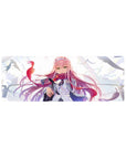 Powerful 32x12 mouse pad featuring Zero Two’s flowing pink hair, emerald eyes, and dynamic windswept background for elegance
