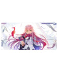 Zero Two 32x16 mouse pad with flowing pink hair, fierce emerald eyes, and windswept background for bold anime style